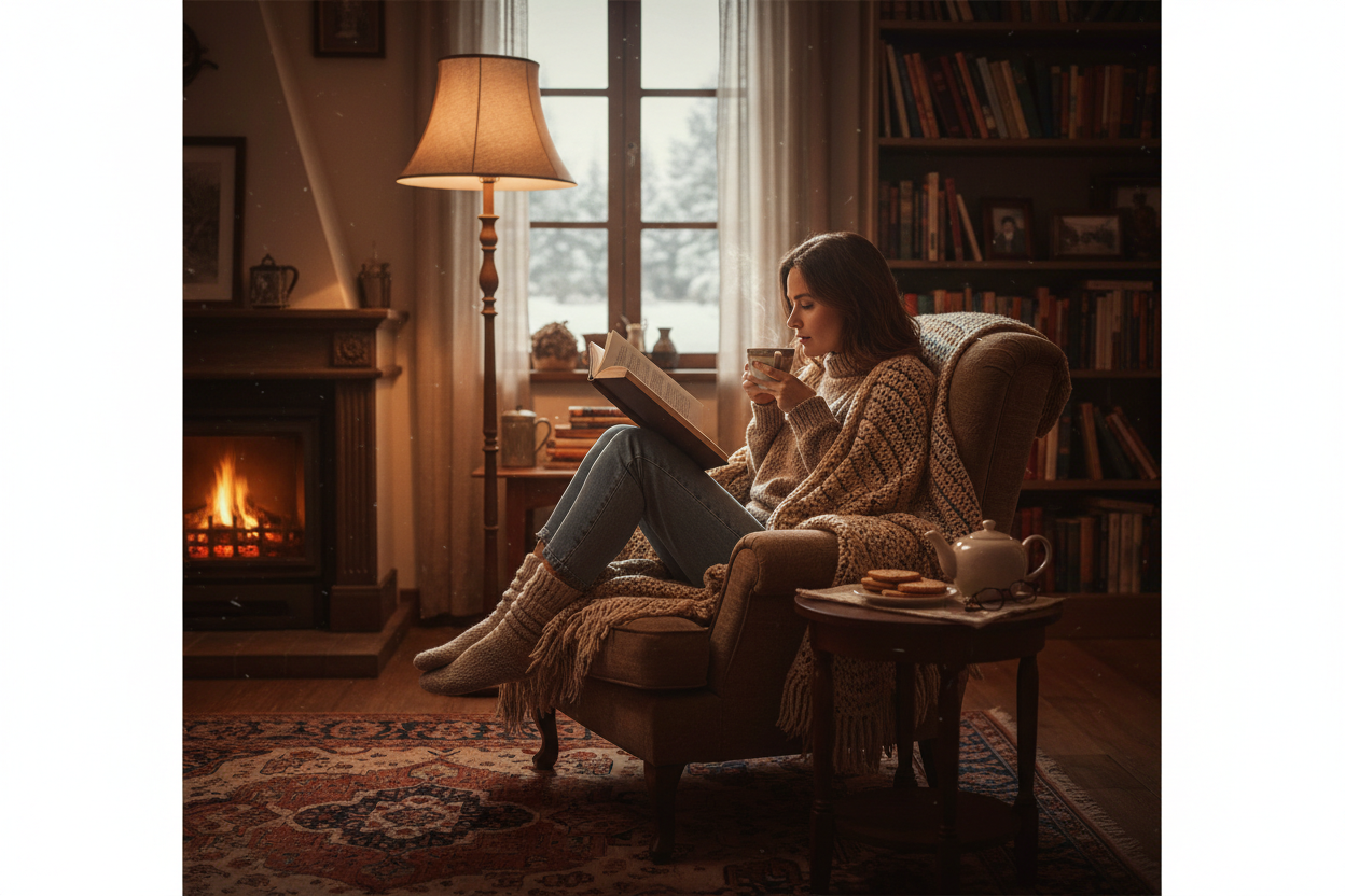 A woman reading a book and sipping tea